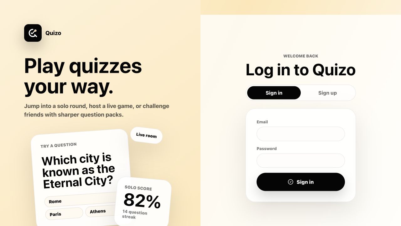 Quizo website interface